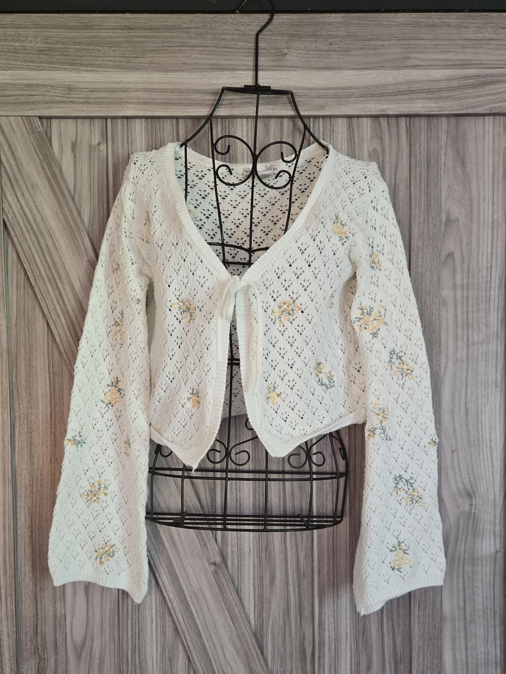 Sincerely Jules White V-Neck Knit Cardigan with Yellow Floral Embroidery